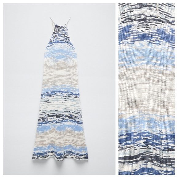 NWT. Zara White/Blue Knit Midi Dress. Size M. - Picture 5 of 9